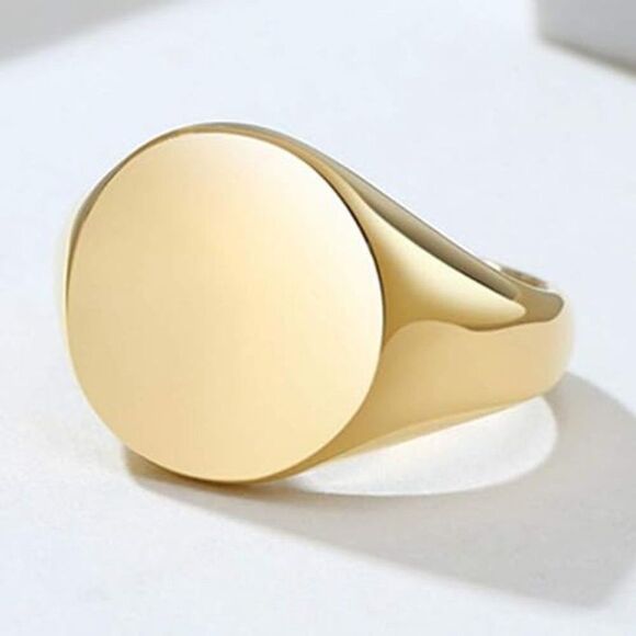 Gold Round Signet Style Gold Pinky Ring Statement Ring Wedding Engagement Ring - Picture 2 of 5